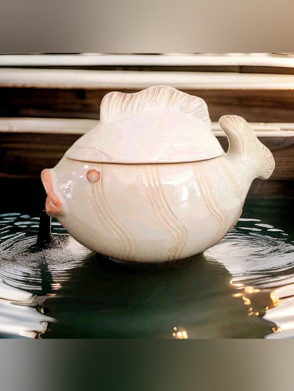 🐡 Fish Jar w/ Lid Cookie Treat Trinket Storage Vase Kissy Tropical Beach Decor